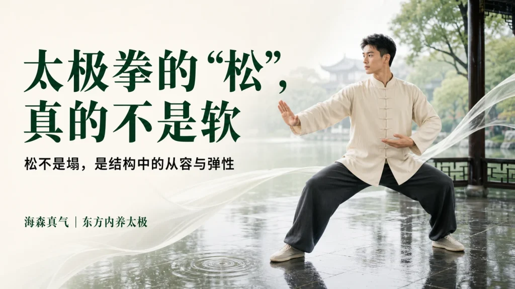 年轻男性在雨后亭廊练习太极拳