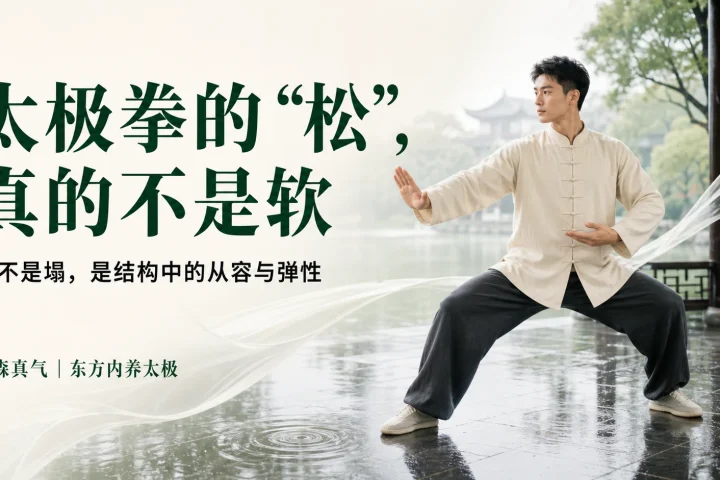 年轻男性在雨后亭廊练习太极拳