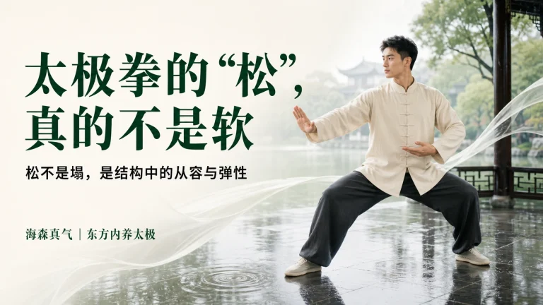 年轻男性在雨后亭廊练习太极拳